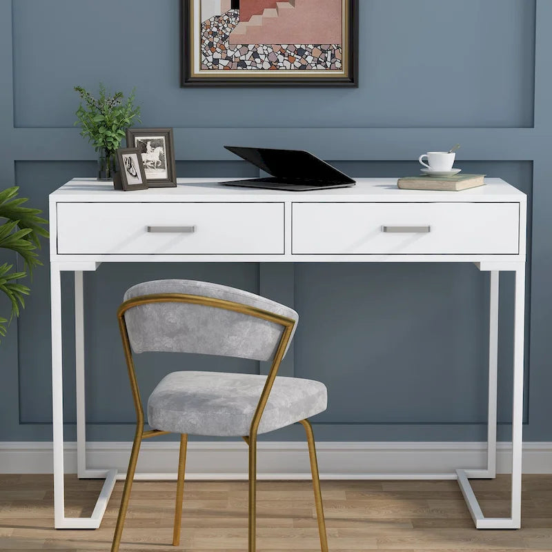 Bureau informatique blanc et doré de 100 cm avec 2 tiroirs