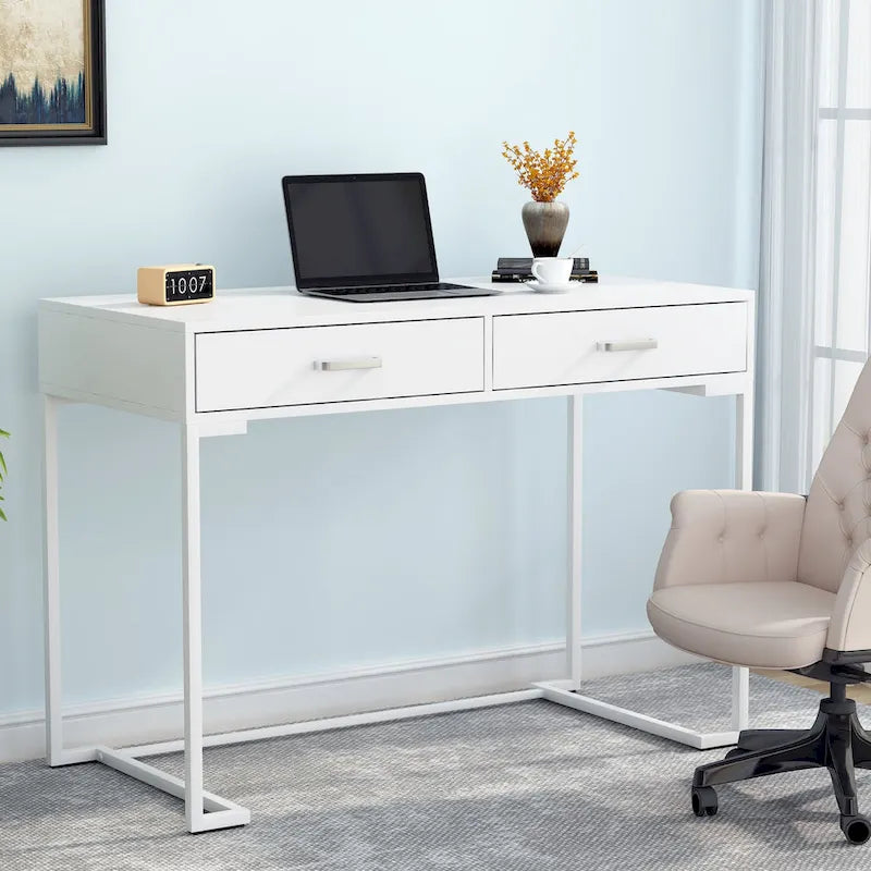 Bureau informatique blanc et doré de 100 cm avec 2 tiroirs