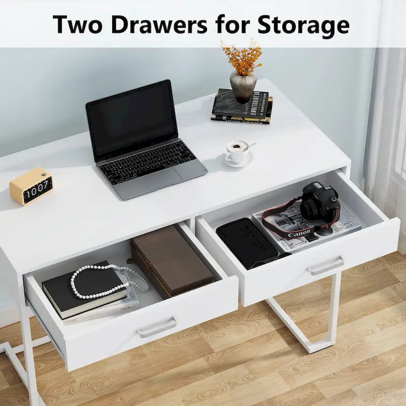 Bureau informatique blanc et doré de 100 cm avec 2 tiroirs