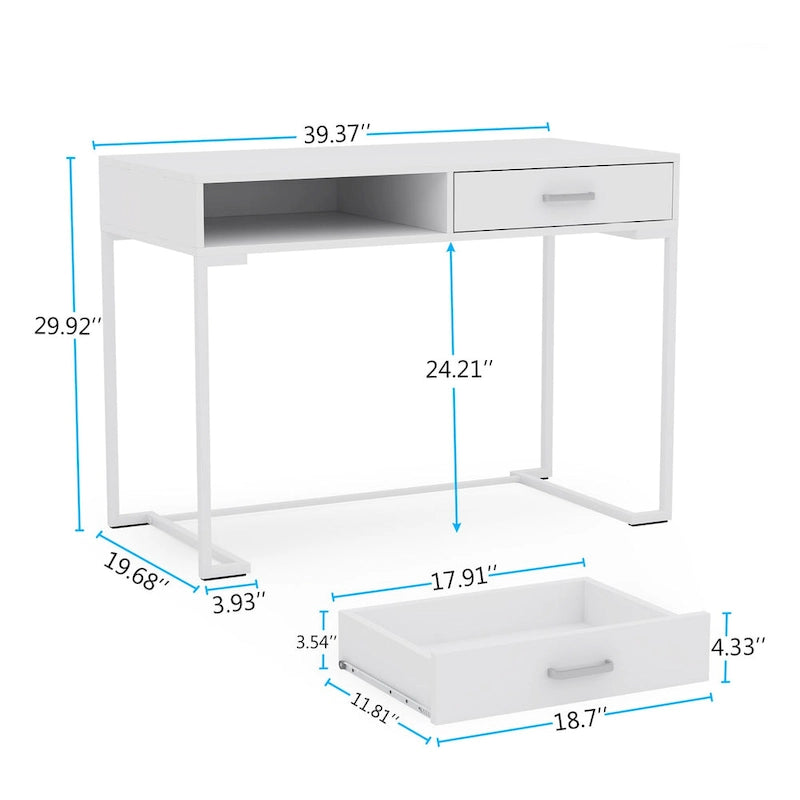 Bureau informatique blanc et doré de 100 cm avec 2 tiroirs