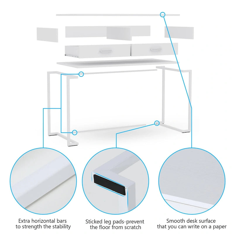Bureau informatique blanc et doré de 100 cm avec 2 tiroirs
