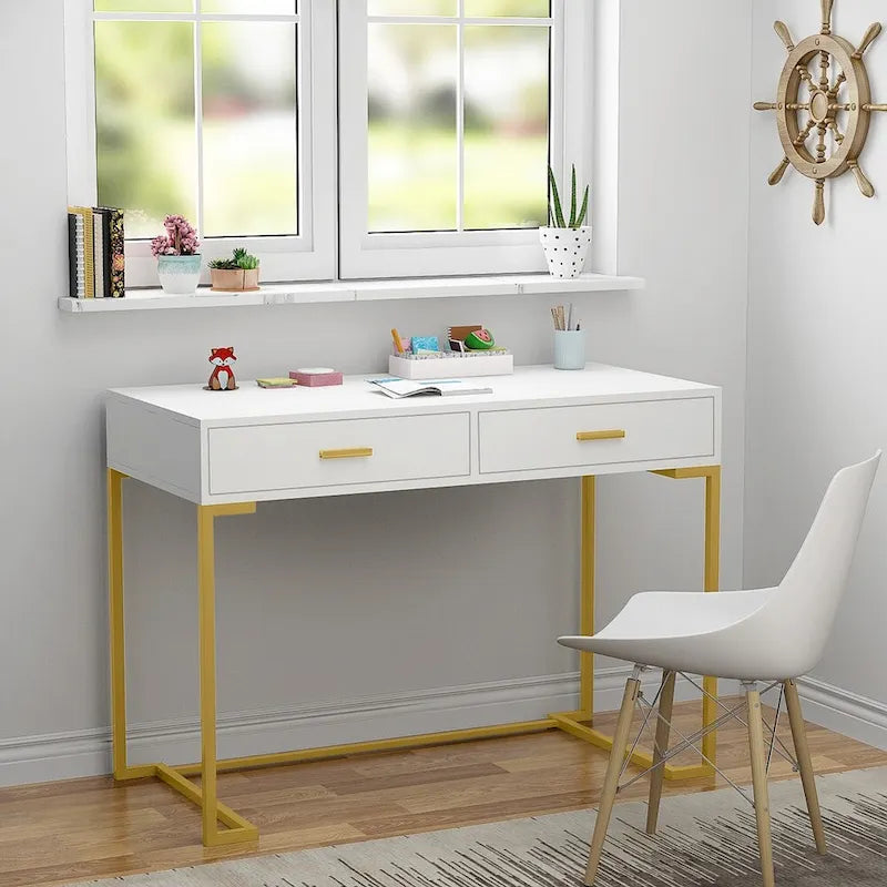 Bureau informatique blanc et doré de 100 cm avec 2 tiroirs