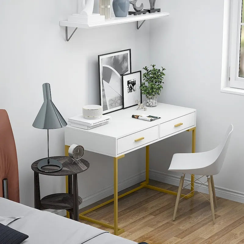 Bureau informatique blanc et doré de 100 cm avec 2 tiroirs