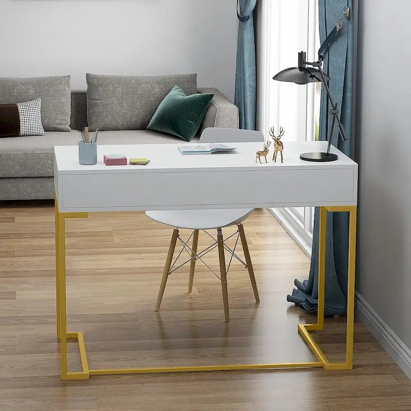 Bureau informatique blanc et doré de 100 cm avec 2 tiroirs