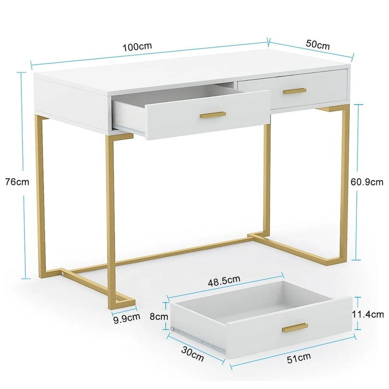 Bureau informatique blanc et doré de 100 cm avec 2 tiroirs