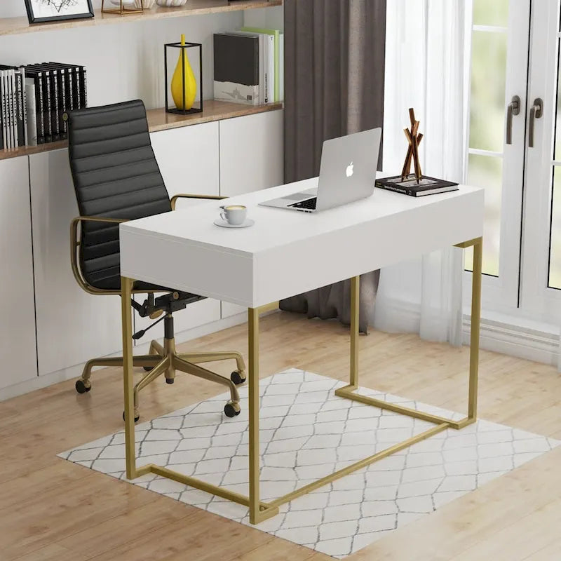 Bureau informatique blanc et doré de 100 cm avec 2 tiroirs