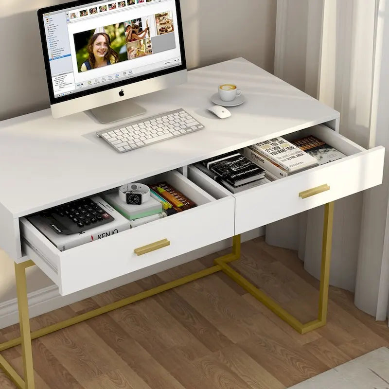 Bureau informatique blanc et doré de 100 cm avec 2 tiroirs