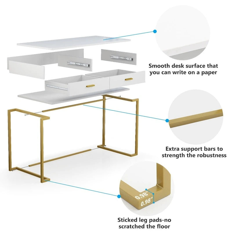 Bureau informatique blanc et doré de 100 cm avec 2 tiroirs