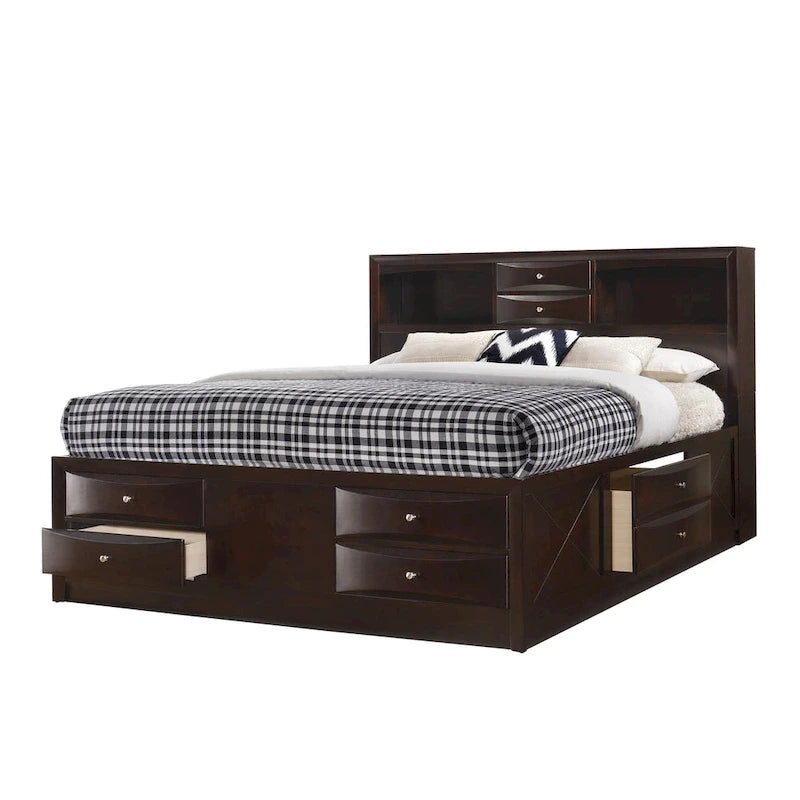 Ensemble de chambre à coucher Priscella 6 pièces en merisier foncé avec plateforme de rangement