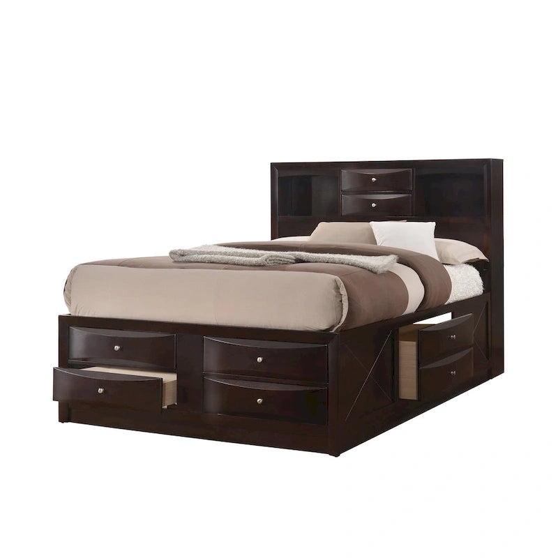Ensemble de chambre à coucher Priscella 6 pièces en merisier foncé avec plateforme de rangement