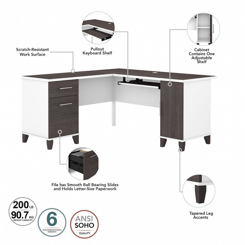 Bureau d'angle en L 60" Bush Furniture Somerset avec huche de rangement