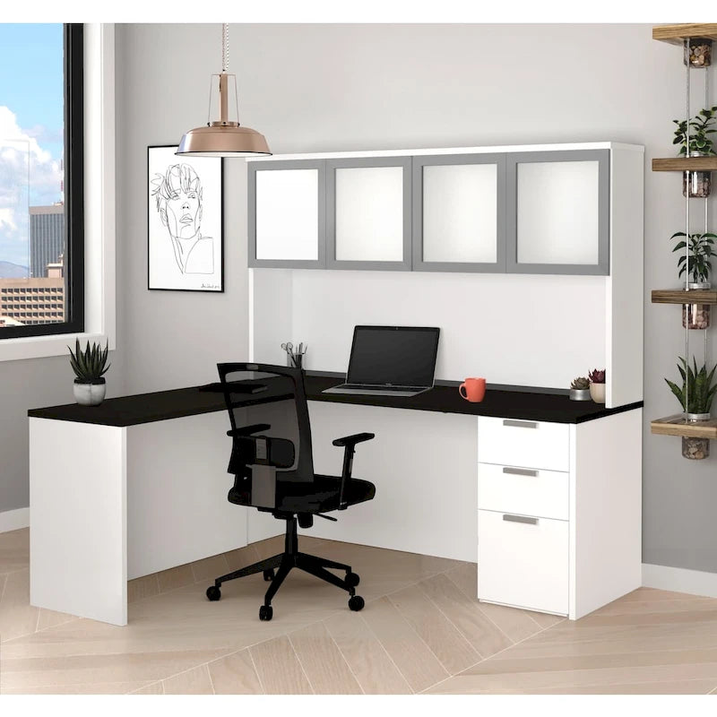 Bureau en L Bestar Pro-Concept Plus avec huche à porte en verre dépoli