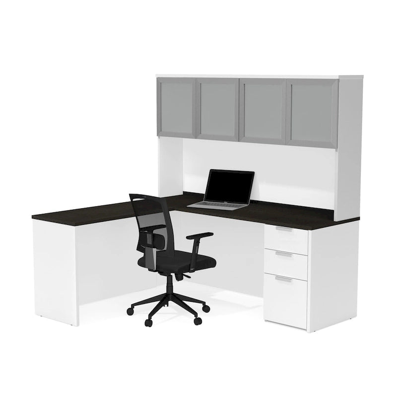 Bureau en L Bestar Pro-Concept Plus avec huche à porte en verre dépoli