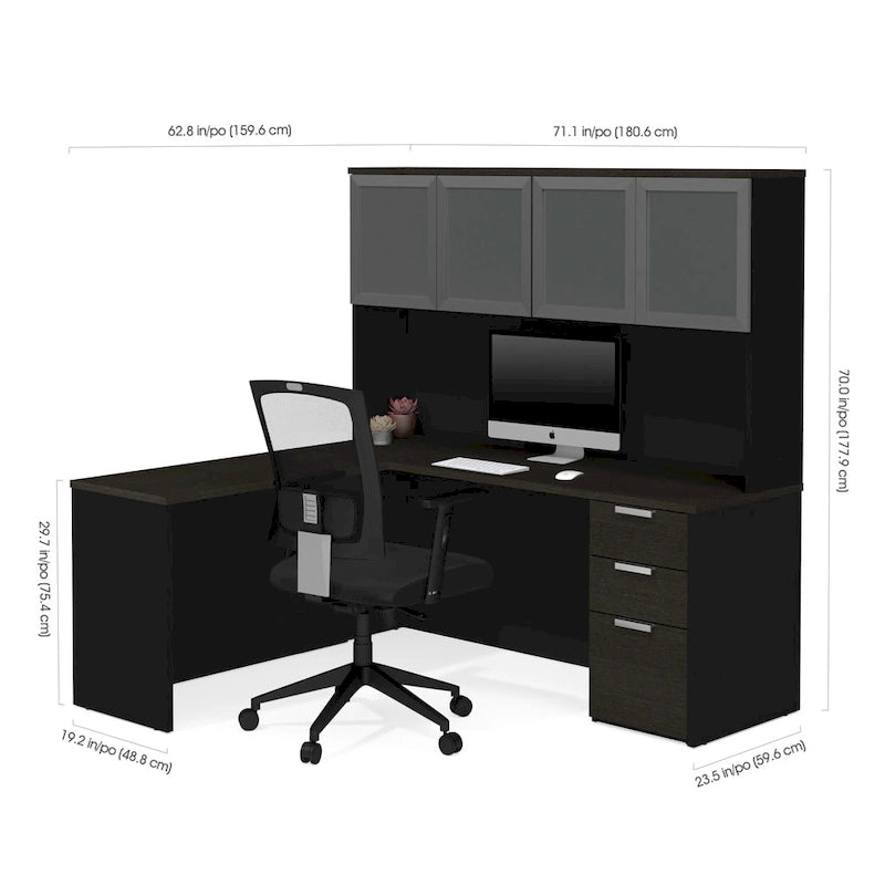 Bureau en L Bestar Pro-Concept Plus avec huche à porte en verre dépoli