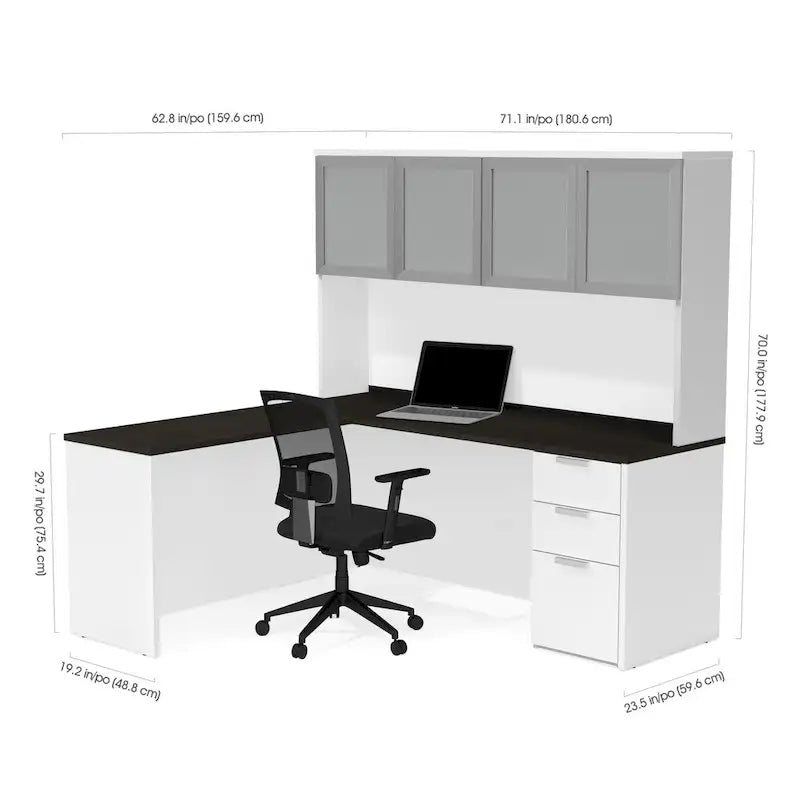 Bureau en L Bestar Pro-Concept Plus avec huche à porte en verre dépoli