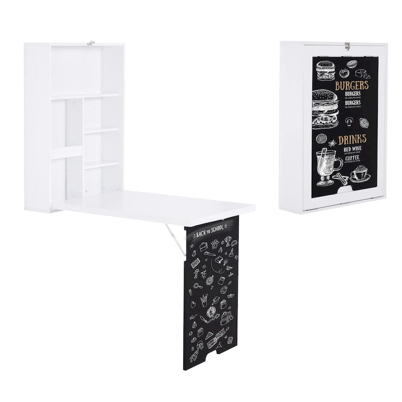 HOMCOM Bureau mural pliable : Tableau noir, rangements pour livres - Gain de place