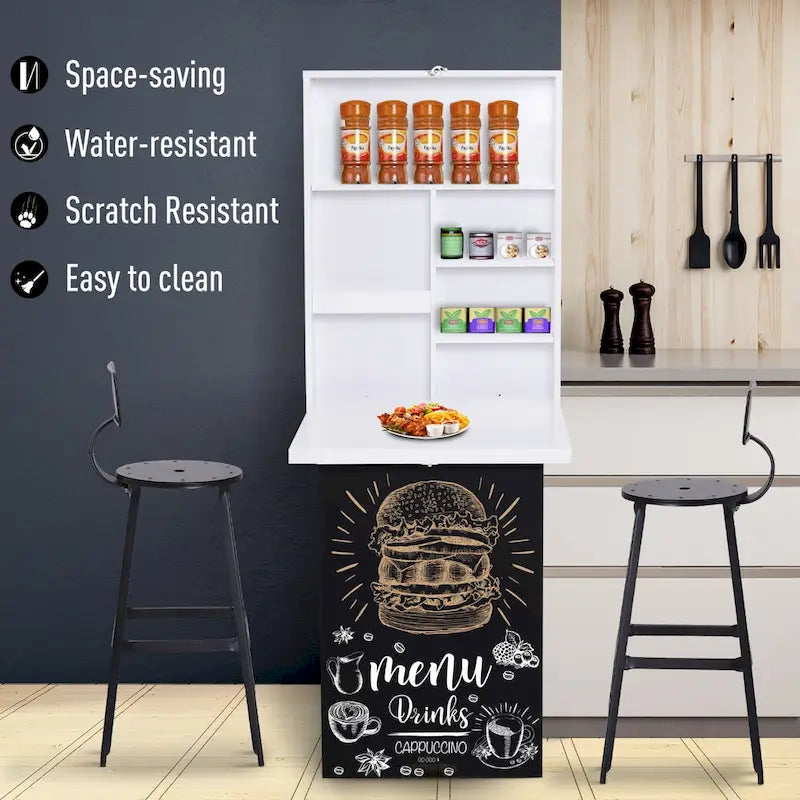 HOMCOM Bureau mural pliable : Tableau noir, rangements pour livres - Gain de place