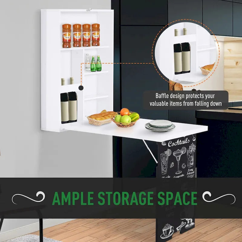HOMCOM Bureau mural pliable : Tableau noir, rangements pour livres - Gain de place
