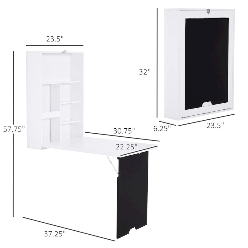 HOMCOM Bureau mural pliable : Tableau noir, rangements pour livres - Gain de place