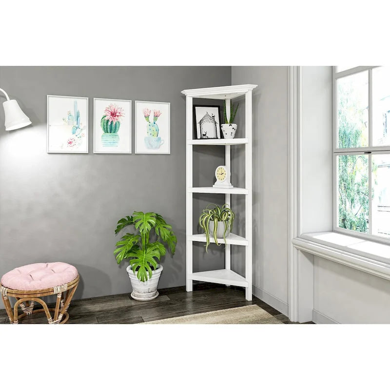 Bibliothèque d'angle haute en bois Edenton avec 4 étagères, blanc