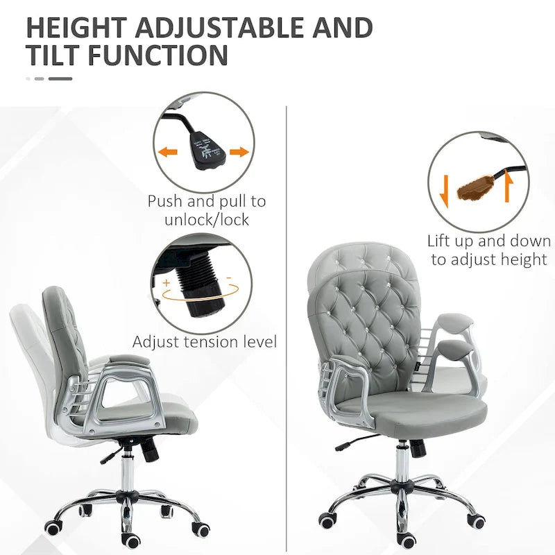 Vinsetto Chaise de Bureau en Faux Cuir, Dossier Matelassé, Roulettes Pivotantes, Chaise de Travail avec Accoudoirs Réglables en Hauteur