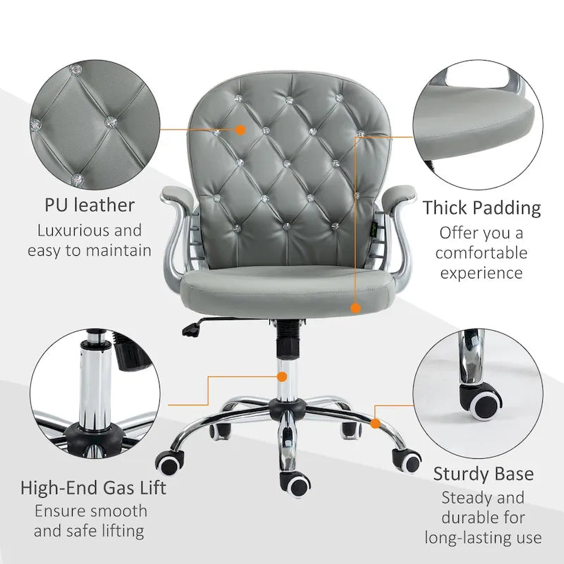 Vinsetto Chaise de Bureau en Faux Cuir, Dossier Matelassé, Roulettes Pivotantes, Chaise de Travail avec Accoudoirs Réglables en Hauteur