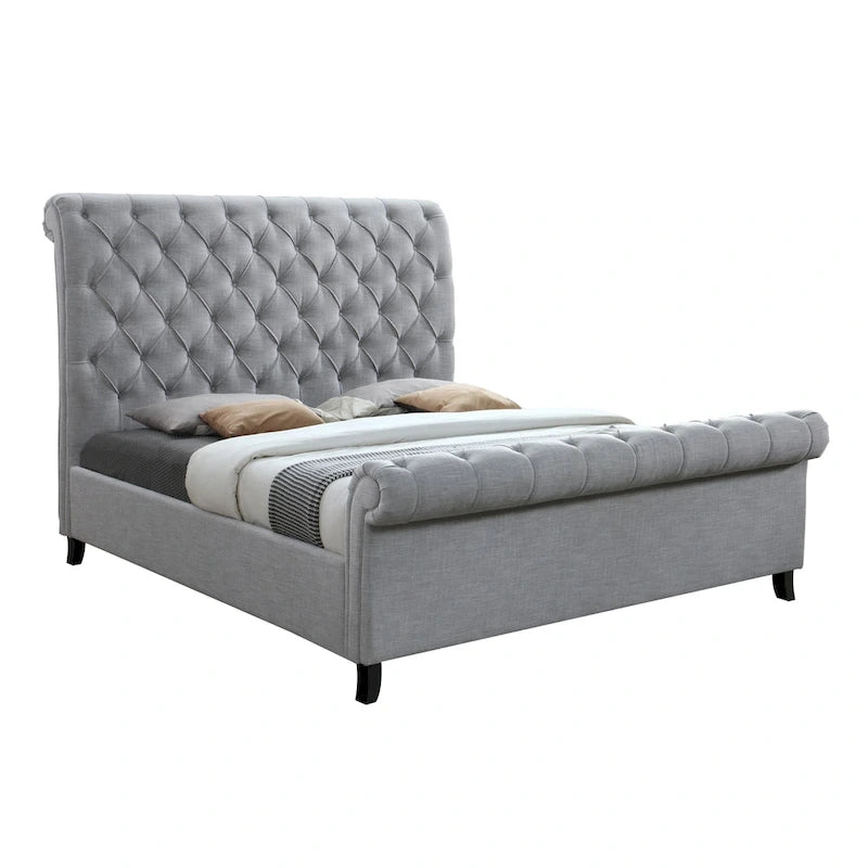 Lit plateforme traîneau capitonné en tissu gris Pietro