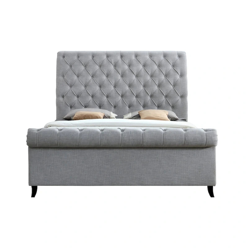 Lit plateforme traîneau capitonné en tissu gris Pietro
