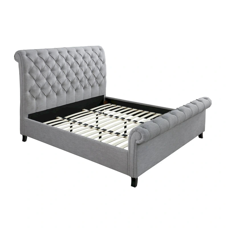 Lit plateforme traîneau capitonné en tissu gris Pietro