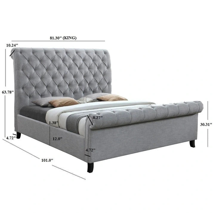 Lit plateforme traîneau capitonné en tissu gris Pietro