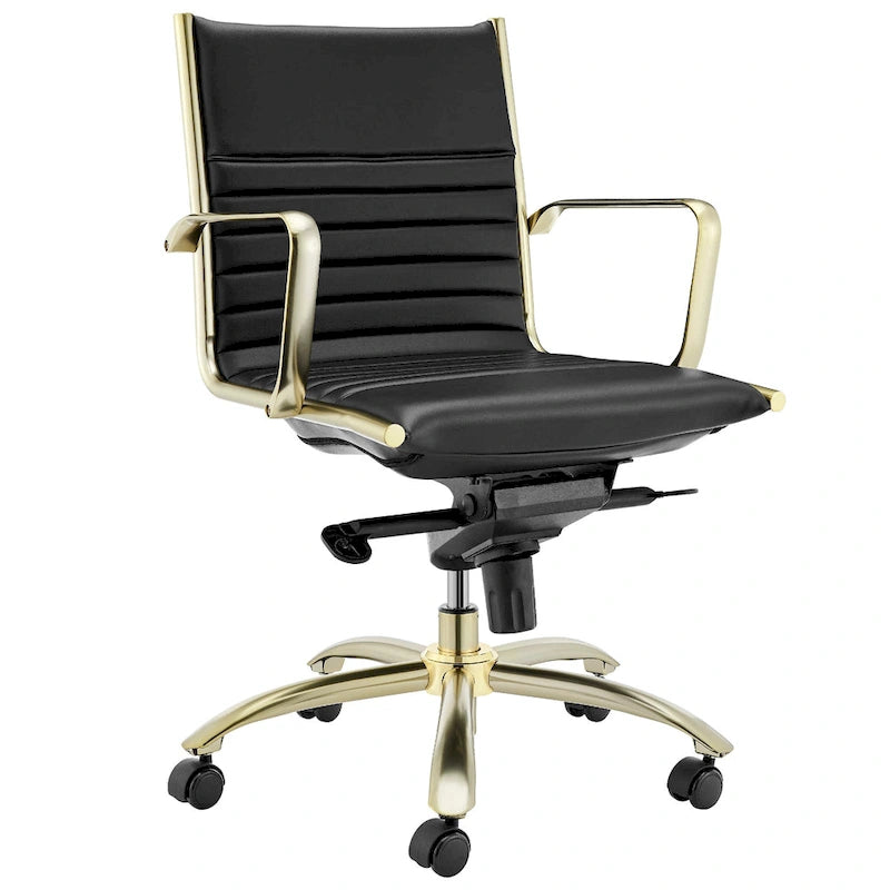 Chaise de bureau Dirk Low dossier bas, noire avec piétement doré brossé mat