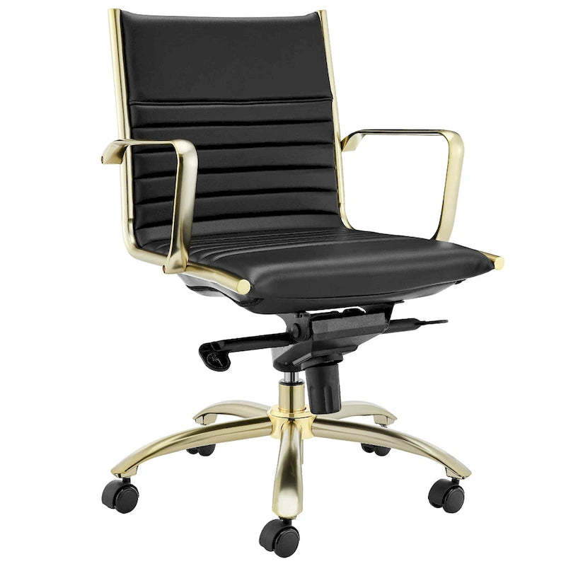 Chaise de bureau Dirk Low dossier bas, noire avec piétement doré brossé mat