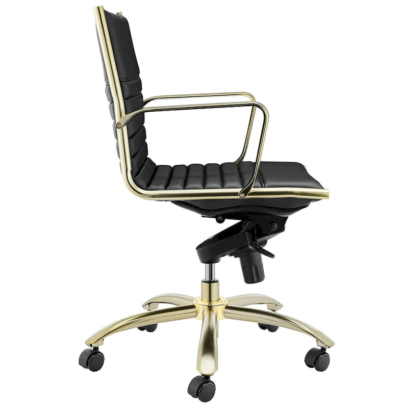 Chaise de bureau Dirk Low dossier bas, noire avec piétement doré brossé mat