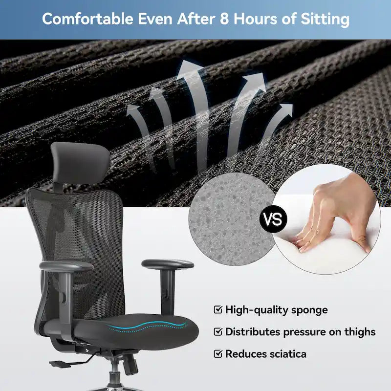 Chaise de bureau ergonomique SIHOO avec soutien lombaire réglable, Chaise de bureau dossier haut pour personnes grandes et fortes, Noir - 68*70*130