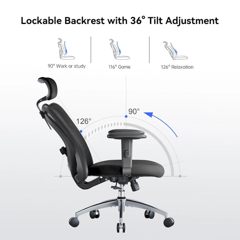 Chaise de bureau ergonomique SIHOO avec soutien lombaire réglable, Chaise de bureau dossier haut pour personnes grandes et fortes, Noir - 68*70*130