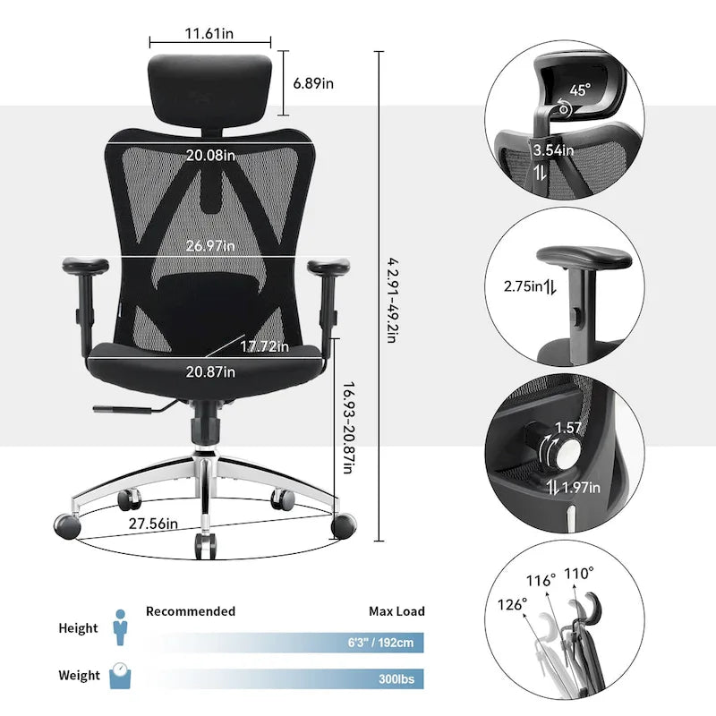 Chaise de bureau ergonomique SIHOO avec soutien lombaire réglable, Chaise de bureau dossier haut pour personnes grandes et fortes, Noir - 68*70*130