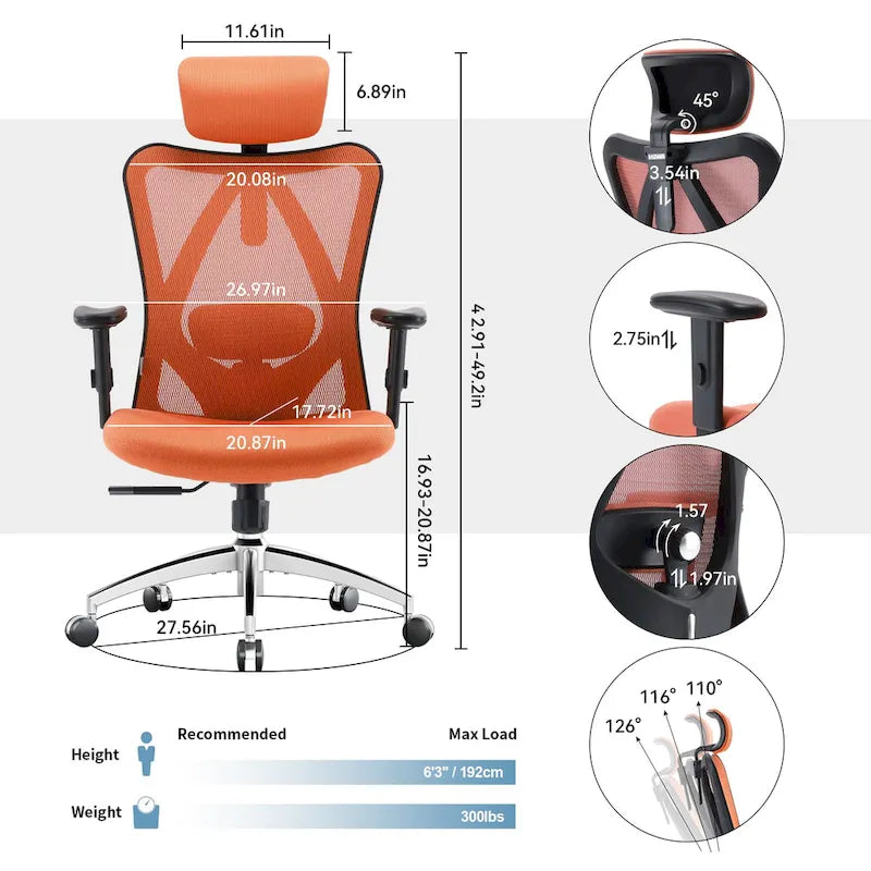 Chaise de bureau ergonomique SIHOO avec soutien lombaire réglable, Chaise de bureau dossier haut pour personnes grandes et fortes, Noir - 68*70*130