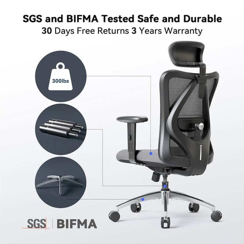 Chaise de bureau ergonomique SIHOO avec soutien lombaire réglable, Chaise de bureau dossier haut pour personnes grandes et fortes, Noir - 68*70*130