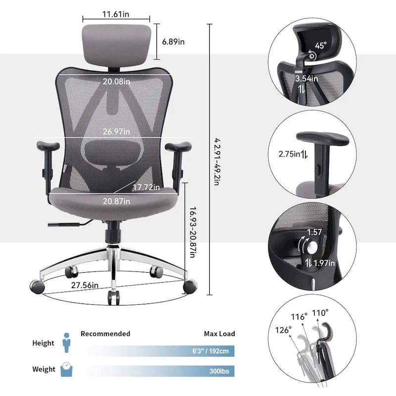 Chaise de bureau ergonomique SIHOO avec soutien lombaire réglable, Chaise de bureau dossier haut pour personnes grandes et fortes, Noir - 68*70*130