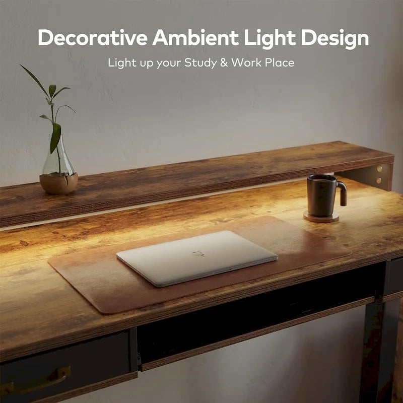 Bureau debout électrique réglable en hauteur FEZIBO avec deux tiroirs et un plateau de clavier, bureau sur pied avec bandes LED