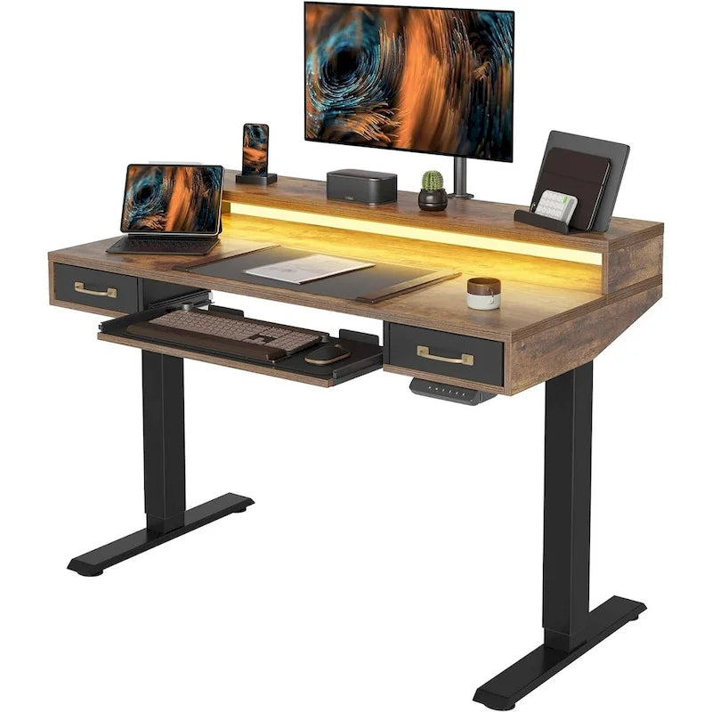 Bureau debout électrique réglable en hauteur FEZIBO avec deux tiroirs et un plateau de clavier, bureau sur pied avec bandes LED