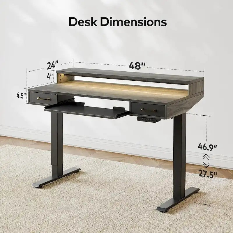 Bureau debout électrique réglable en hauteur FEZIBO avec deux tiroirs et un plateau de clavier, bureau sur pied avec bandes LED