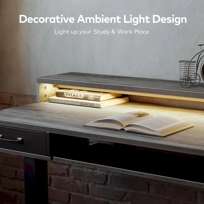 Bureau debout électrique réglable en hauteur FEZIBO avec deux tiroirs et un plateau de clavier, bureau sur pied avec bandes LED