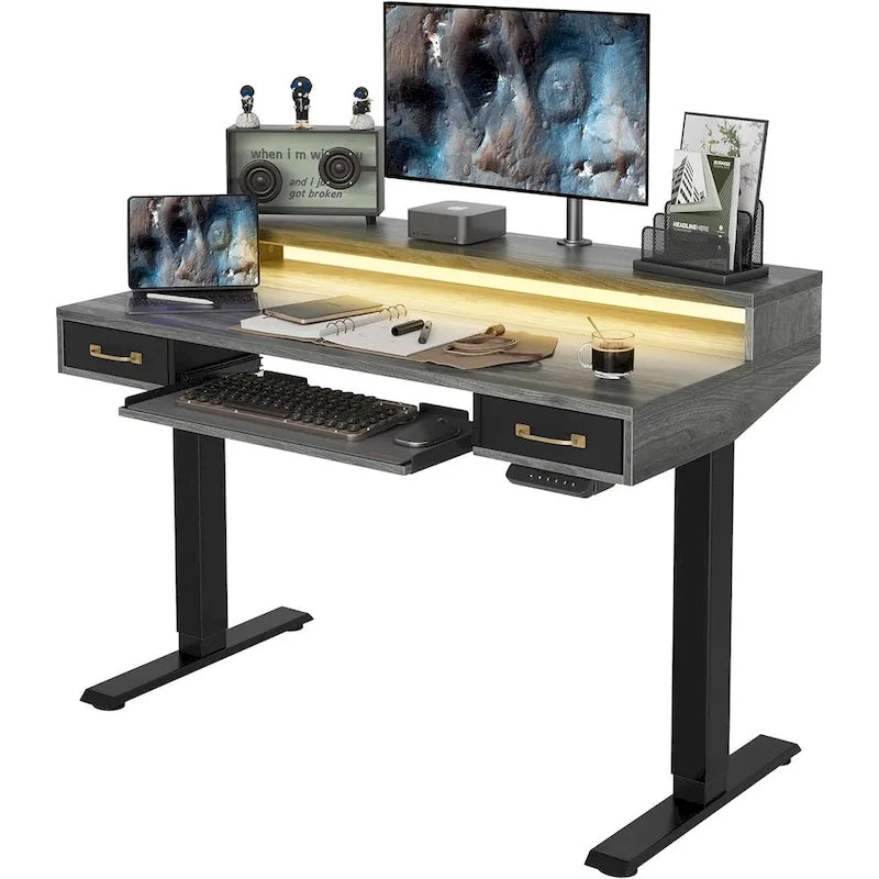 Bureau debout électrique réglable en hauteur FEZIBO avec deux tiroirs et un plateau de clavier, bureau sur pied avec bandes LED