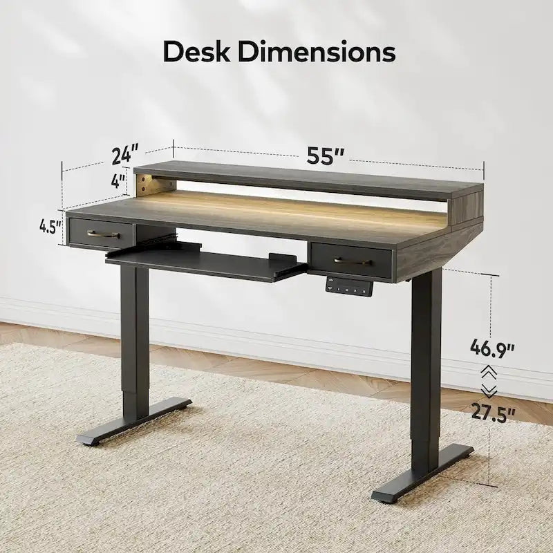 Bureau debout électrique réglable en hauteur FEZIBO avec deux tiroirs et un plateau de clavier, bureau sur pied avec bandes LED