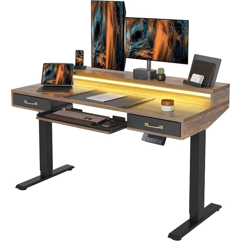 Bureau debout électrique réglable en hauteur FEZIBO avec deux tiroirs et un plateau de clavier, bureau sur pied avec bandes LED