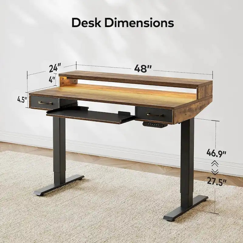 Bureau debout électrique réglable en hauteur FEZIBO avec deux tiroirs et un plateau de clavier, bureau sur pied avec bandes LED