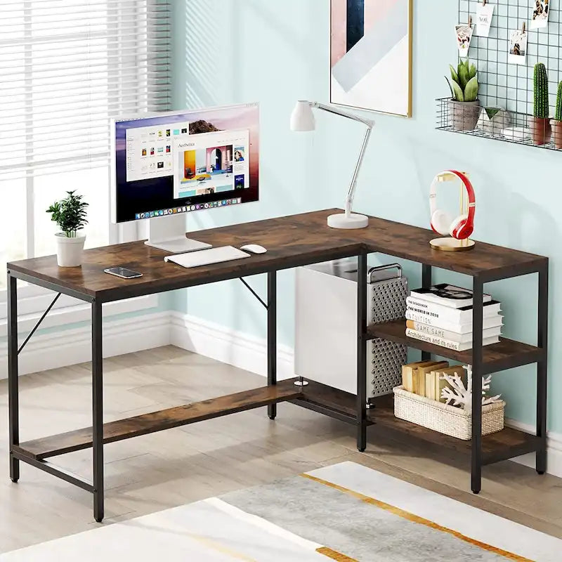 Bureau d'angle en L avec étagères de rangement pour bureau à domicile