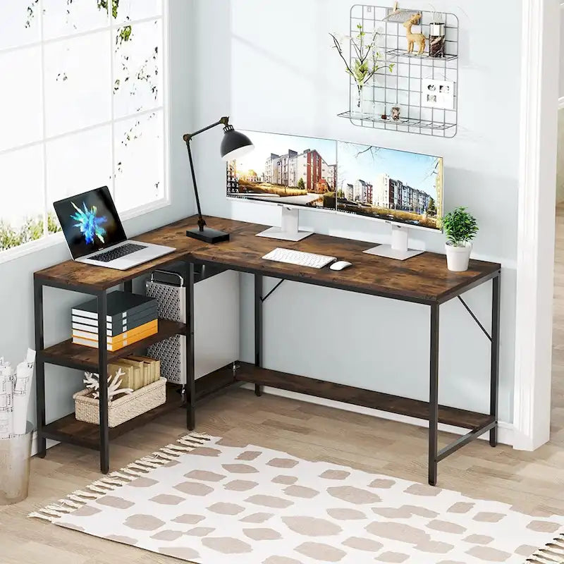 Bureau d'angle en L avec étagères de rangement pour bureau à domicile