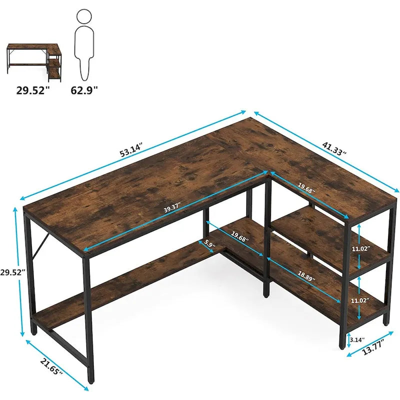 Bureau d'angle en L avec étagères de rangement pour bureau à domicile